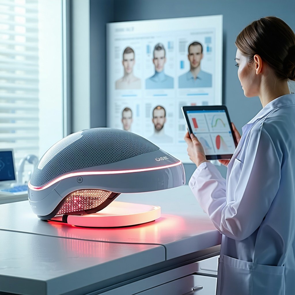The image depicts a clinical setting with a focus on hair treatment technology In the center a sleek modern LED light cap rests on an examination table surrounded by medical equipment The cap features a futuristic design with embedded red and blue li
